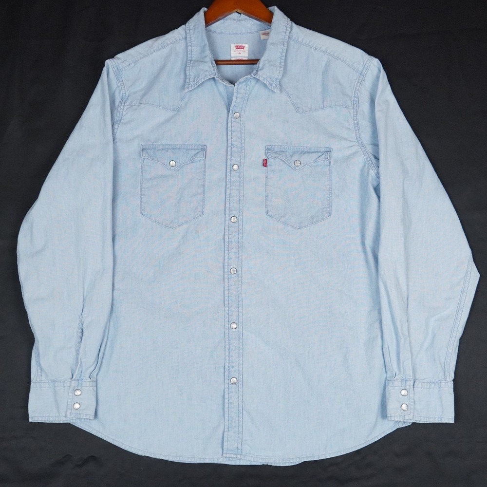 Levi's Western Shirt Mens Extra Large Light Blue Pearl Snap Chambray Cotton XL